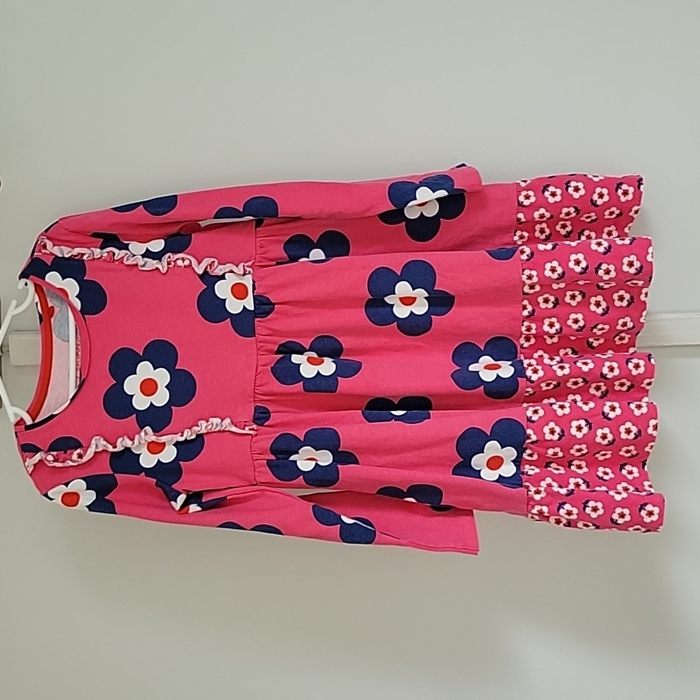Mini boden long sleeve cotton pink dress with blue, white and red flowers